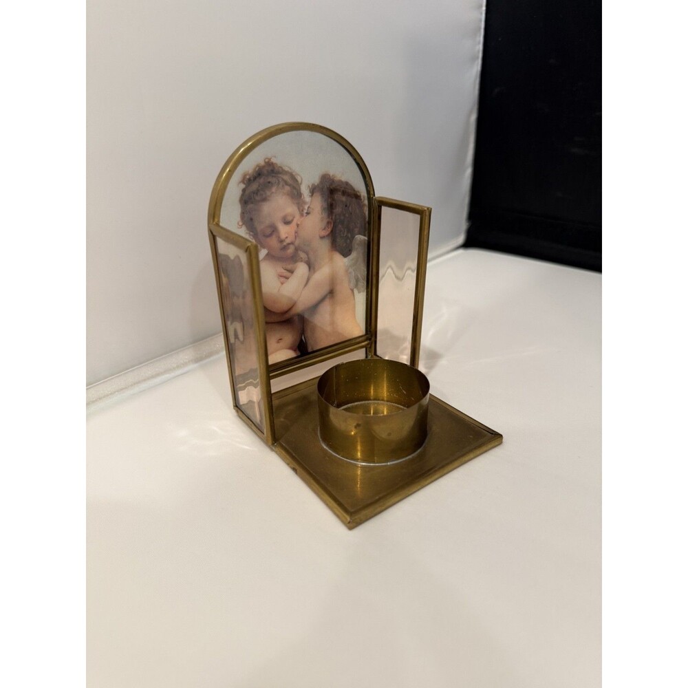 Vintage Enesco Cherub Angel Brass Glass Votive Candle Holder Made Mexico 4.5" - Picture 3 of 7